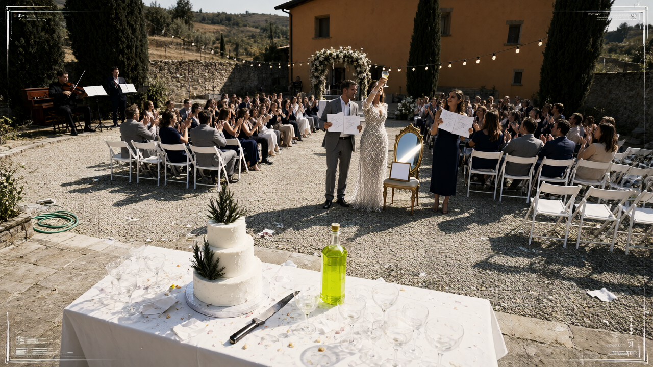 A bride alone at the head table of a full wedding reception, toasting beside an empty gilded chair marked RESERVED